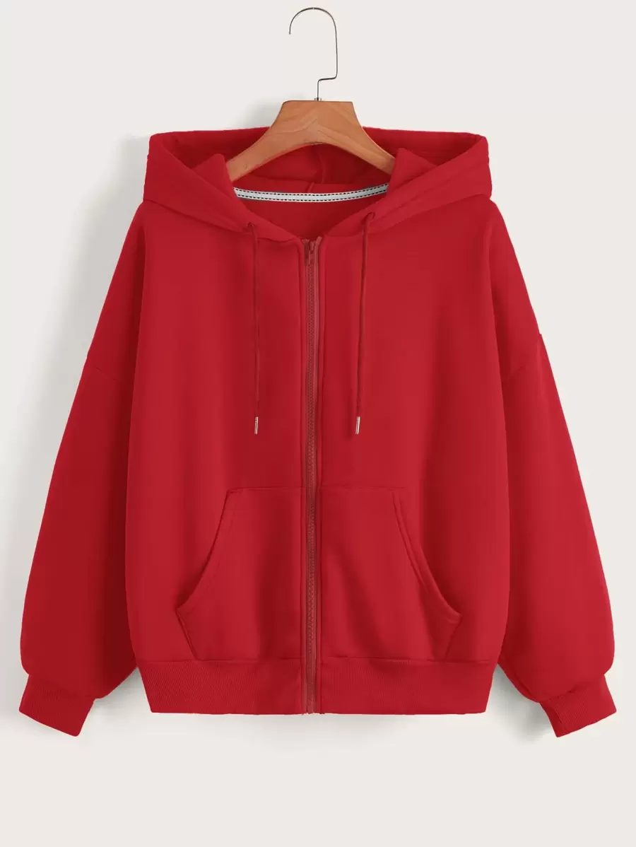 INAWLY Sudadera con capucha con cremallera, hombros caídos y cordón, forro térmico, casual de primavera/otoño para mujer, con bolsillo, cremallera, mangas largas, capucha, talla grande, regular, roja, sudadera con cremallera y hombros caídos para mujer, tops de manga larga