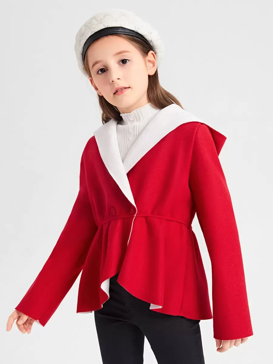 SHEIN Girls Button Detail Ruffle Hem Hooded Overcoat