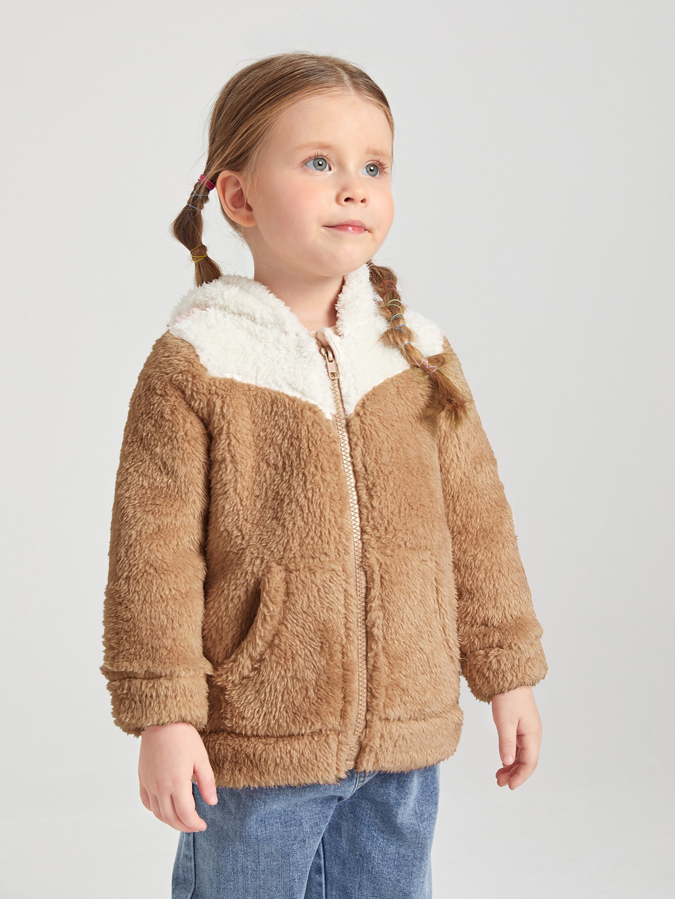 SHEIN Toddler Girls Two Tone Zipper Hooded Teddy Jacket