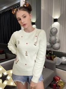 SHEIN Embroidery Christmas Pattern Fluffy Knit Sweater