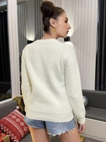 SHEIN Embroidery Christmas Pattern Fluffy Knit Sweater