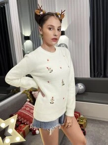SHEIN Embroidery Christmas Pattern Fluffy Knit Sweater