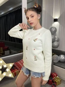 SHEIN Embroidery Christmas Pattern Fluffy Knit Sweater