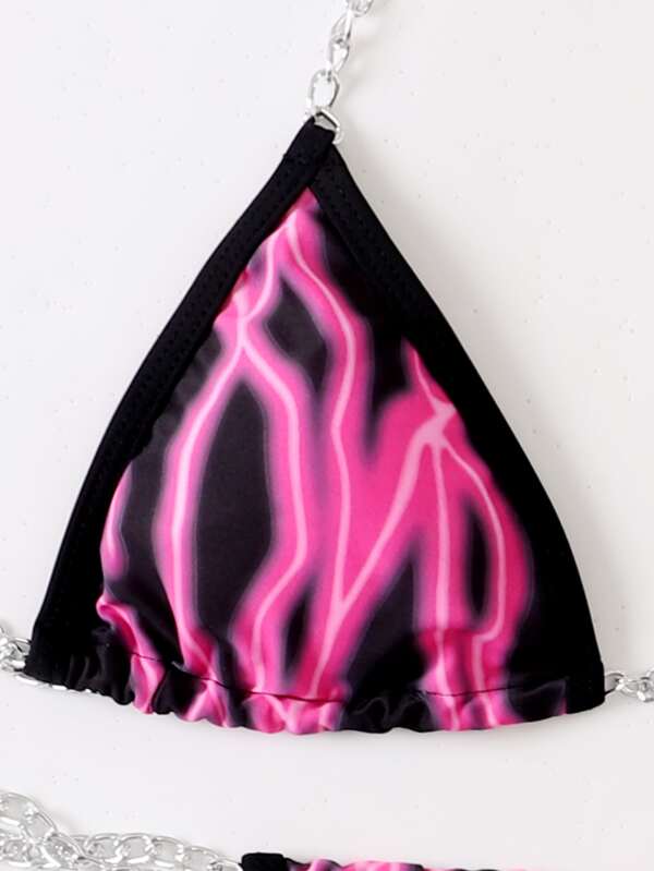 Lightning Print Bikini Set Chain Linked Micro Triangle Bra Thong Piece Swimsuit Shein Uk