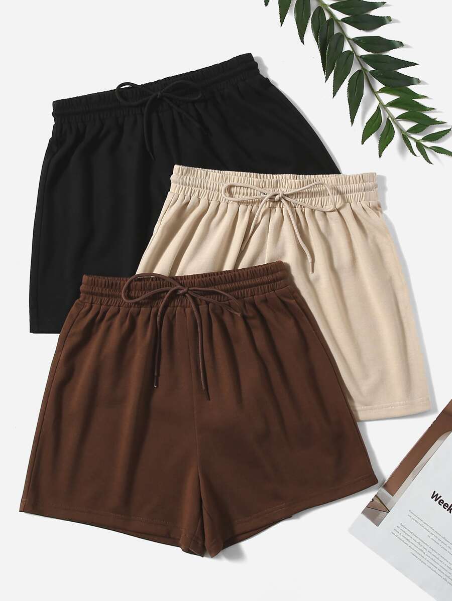 SHEIN EZwear 3 Pcs/Set Plus Size Solid Drawstring Casual Daily Spring Summer Shorts Women Shorts