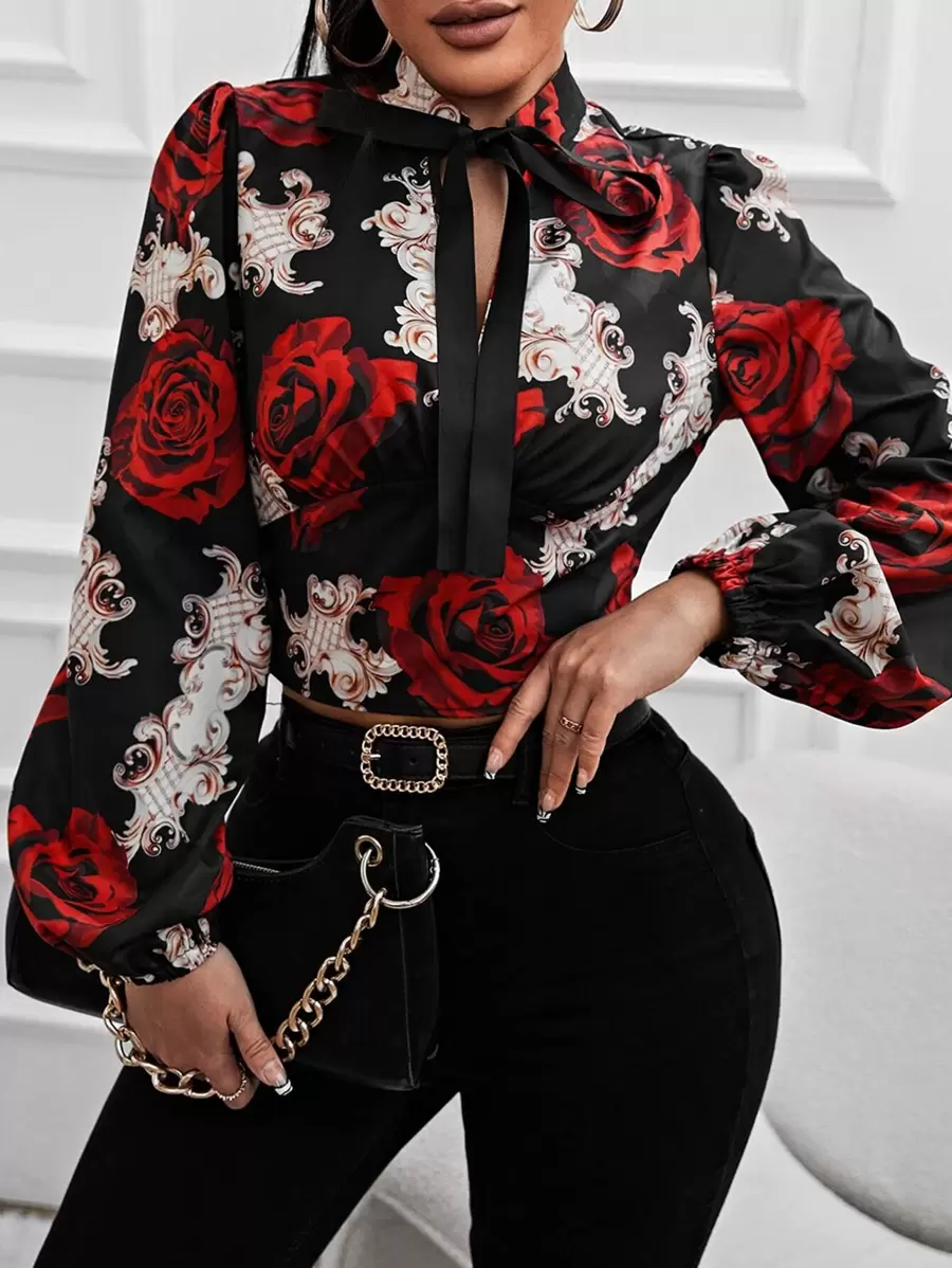 VaVaBold Blouse met bloemenprint, lantaarnmouwen en strikhals, bloemenblouse