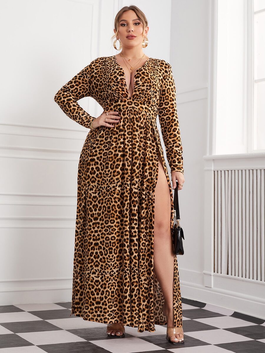 SHEIN Privé Plus Leopard Plunging Neck Split Thigh Dress