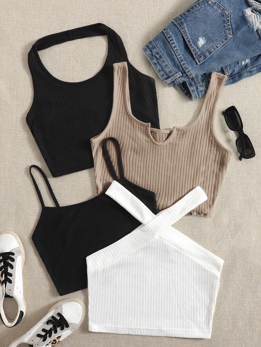SHEIN EZwear 4pcs Solid Ribbed Knit Crop Top