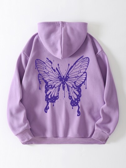 Butterfly Print Thermal Lined Kangaroo Pocket Drawstring Hoodie