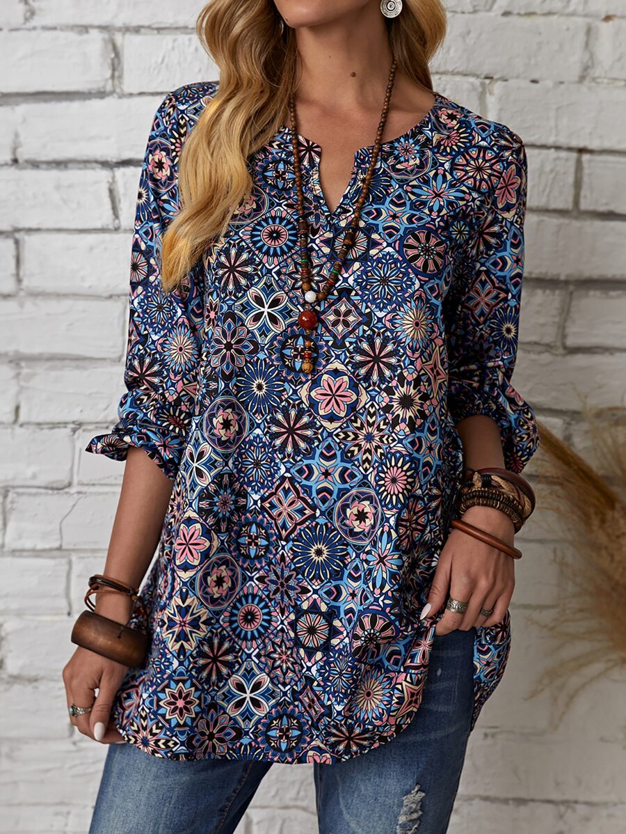 EMERY ROSE Women's All Over Print V-Neck Blouse With Notch, Elegant And Gentle Fashionable Shirt Fall Women Shirts,Long Sleeve Tops