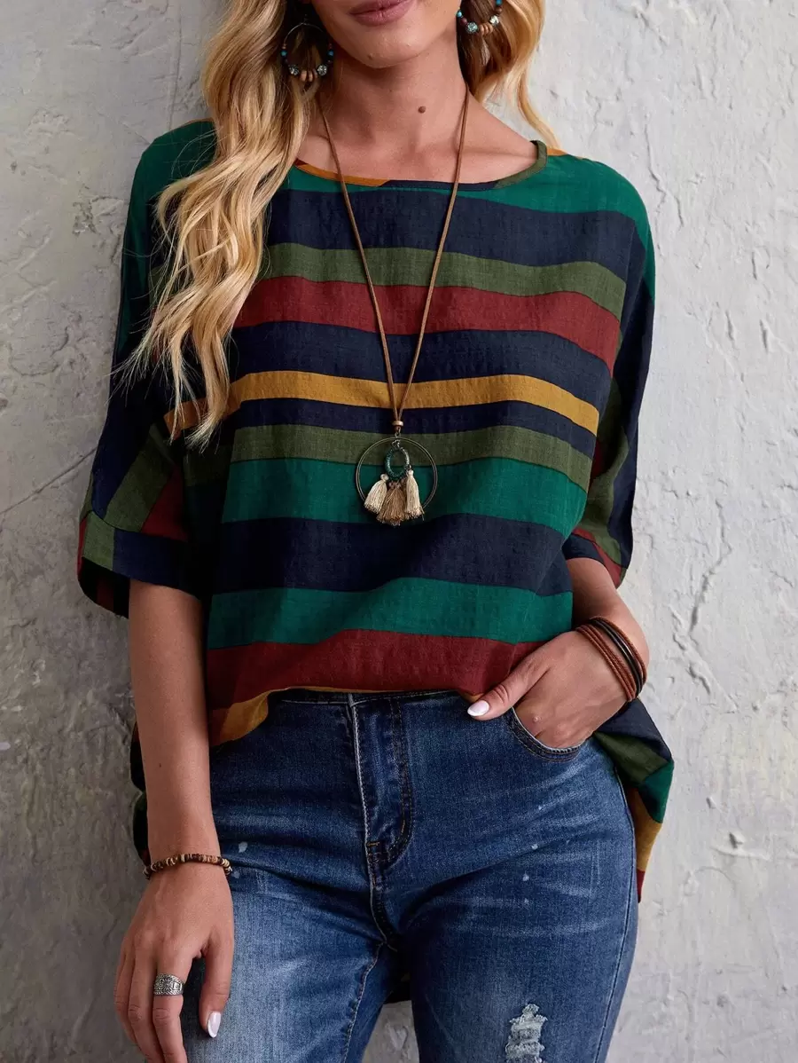 EMERY ROSE Colorblock Striped Print Batwing Sleeve Blouse