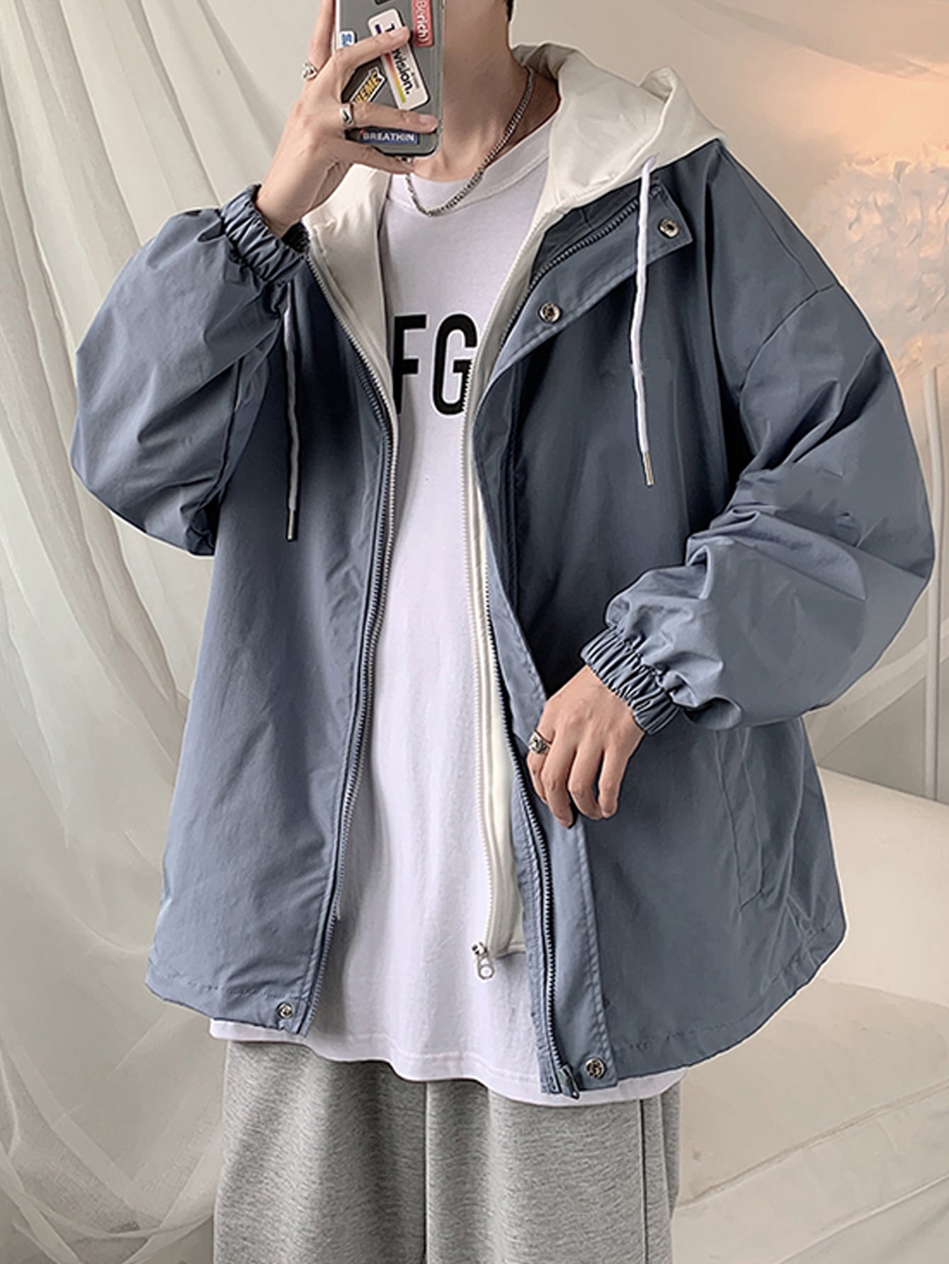 Men Zip Up Drawstring Hem Windbreaker Jacket Without Hoodie