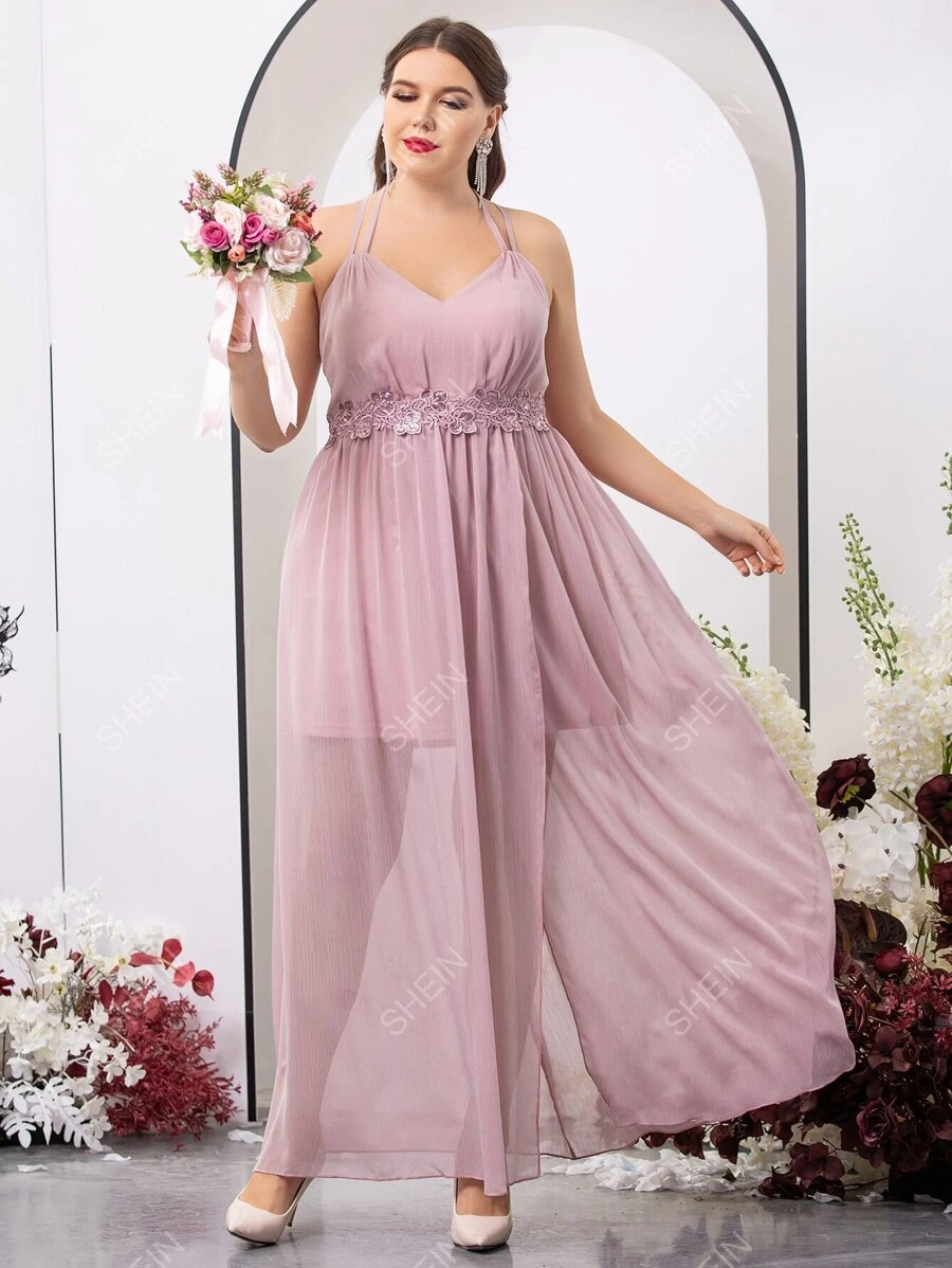 SHEIN Belle Vestido de dama de honor con lentejuelas con bordado aplique con tira cruzada de cuello halter de gasa