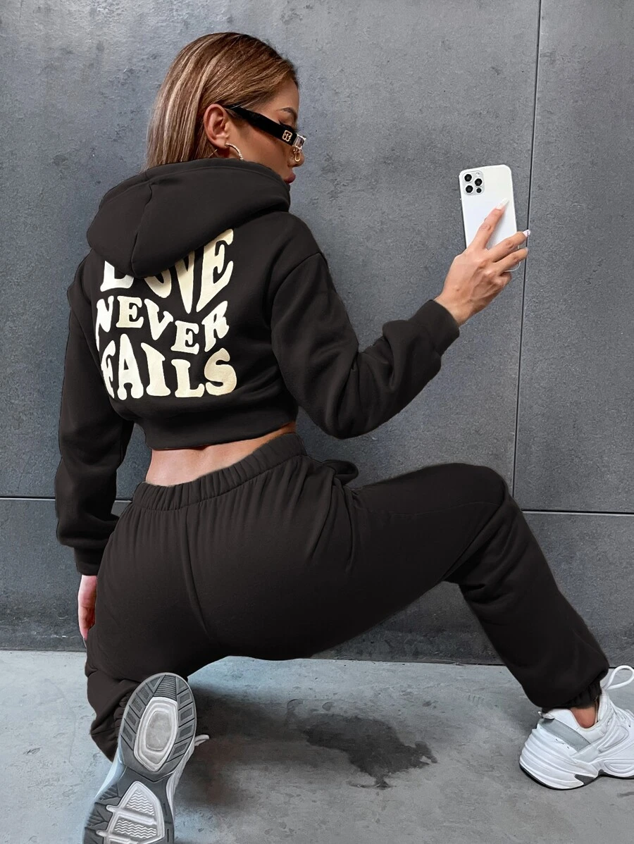 SHEIN EZwear Slogan Graphic Drop Shoulder Drawstring Crop Hoodie & Sweatpants