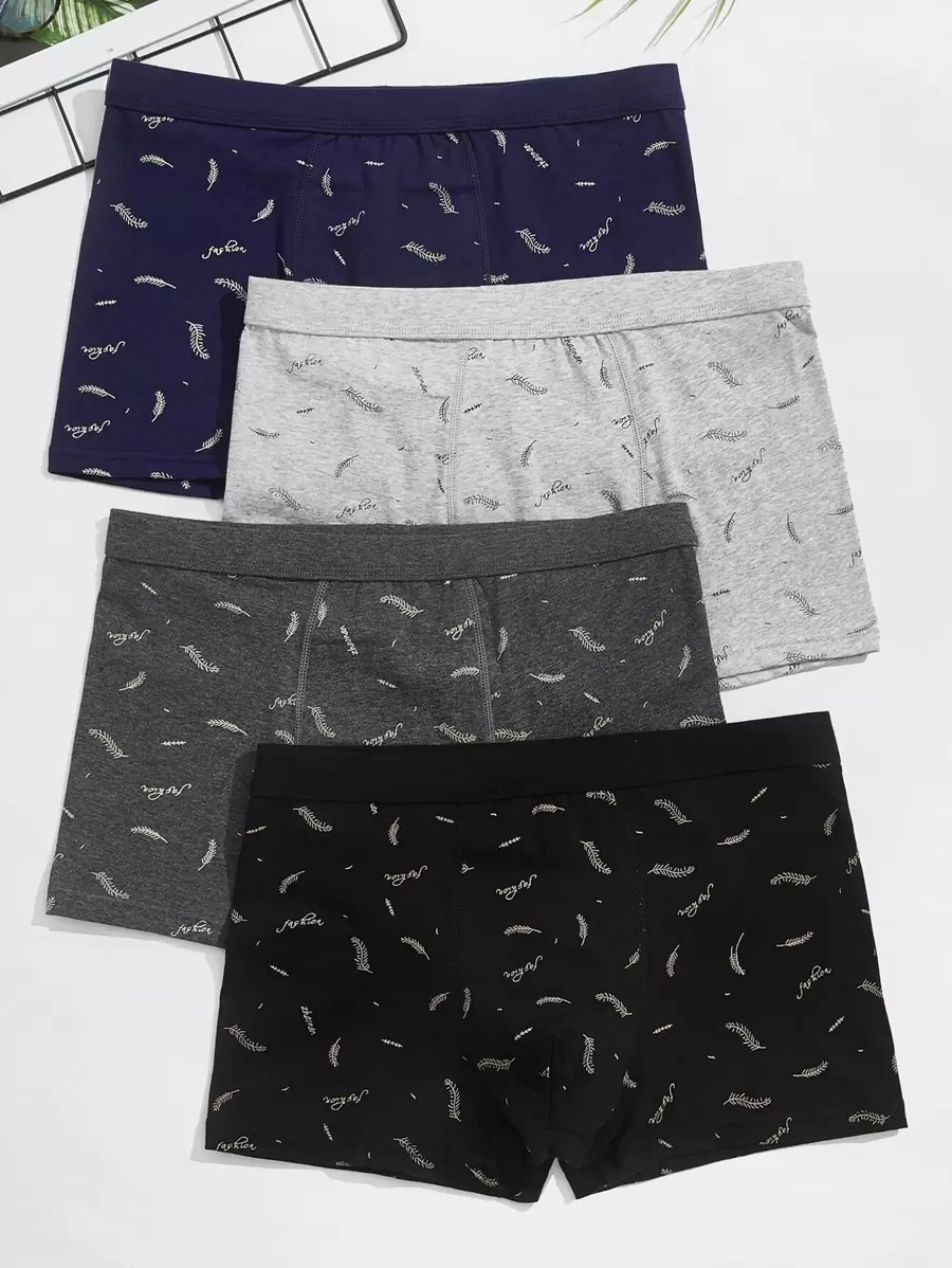 Shein Underwear&Sleepwear Basics Hombres 4 piezas Calzoncillos boxer con letra & con estampado de planta con puntada