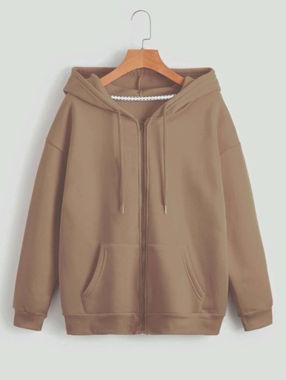 Solid Drawstring Pocket Front Zip Up Thermal Lined Sweatshirt
