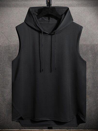 Manfinity Hypemode Men Plain Casual Drawstring Hooded High Low Hem Sleeveless Tank Top, For Boyfriend Gift, Going Out