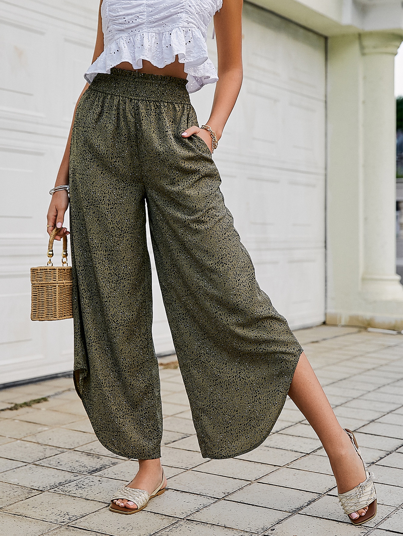 Simplee Hose mit weiten Beinen, Rüschen, asymmetrischem Saum