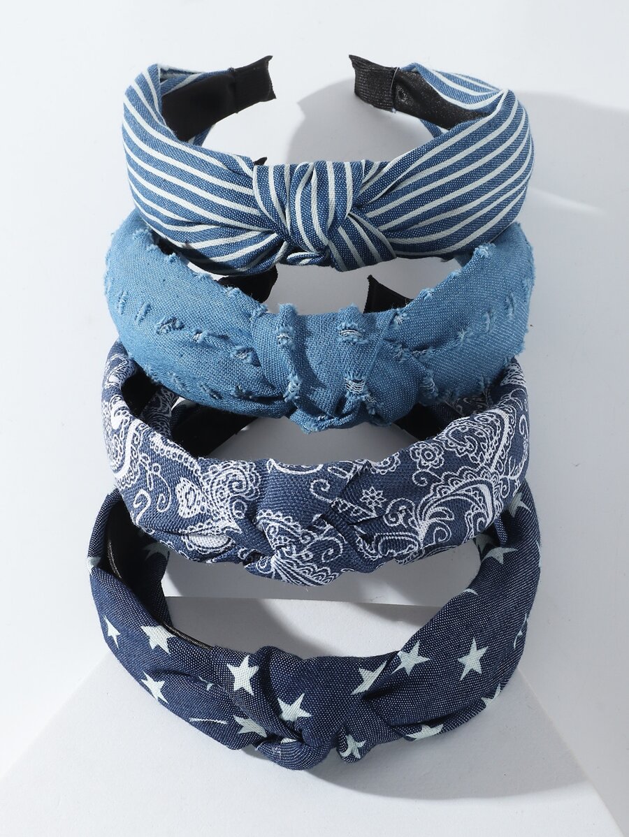 4 piezas de diademas para mujer con estampados de pañuelos, estrellas y rayas en azul vaquero, adecuadas para usar a diario y con atuendos de vacaciones