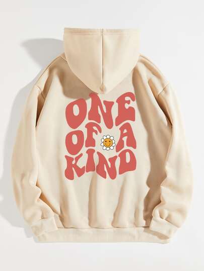 Flower & Slogan Graphic Drawstring Kangaroo Pocket Hoodie