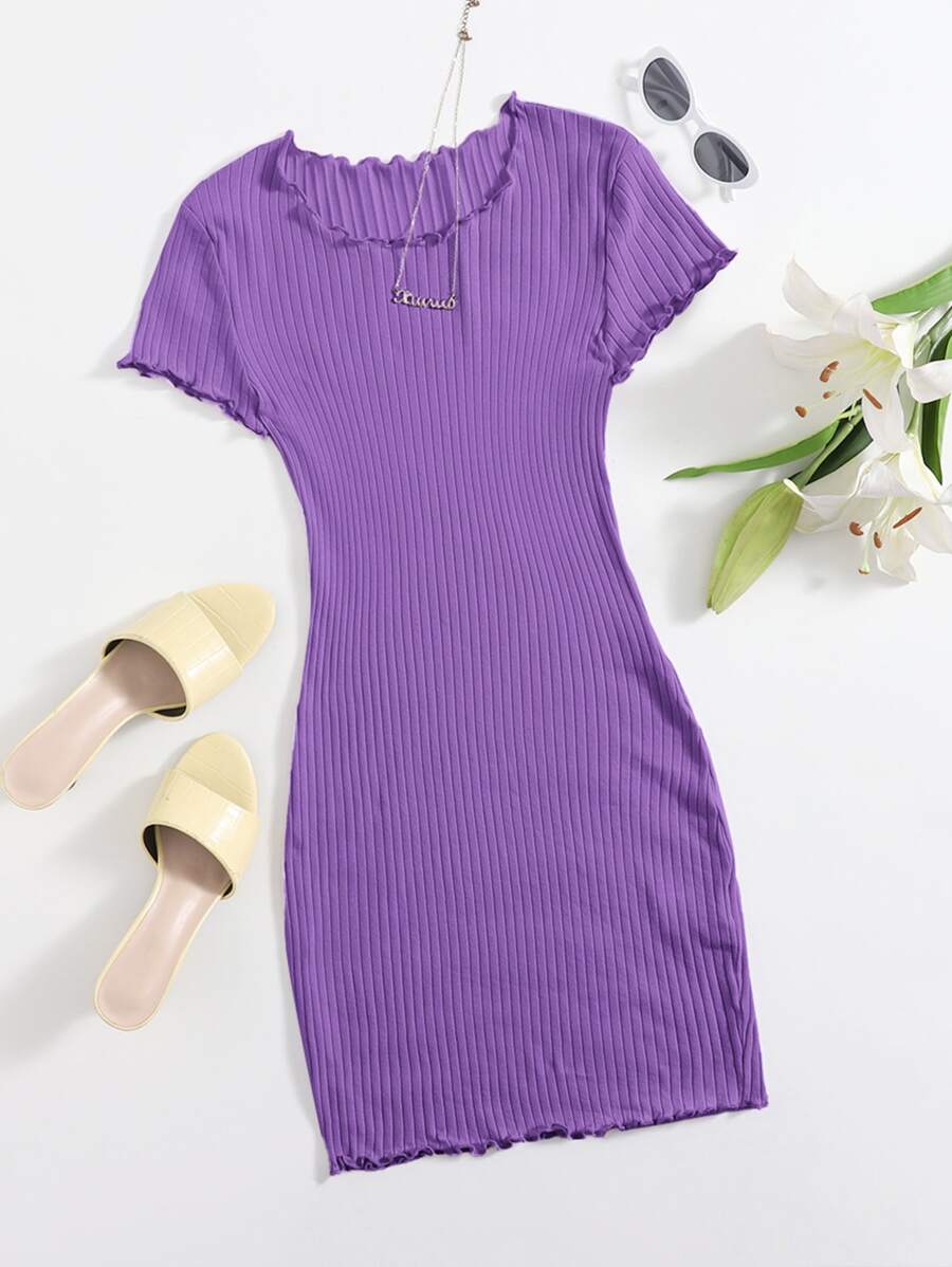 SHEIN EZwear Lettuce Trim Rib-Knit Bodycon Dress,Summer Dresses For Women,Pastel Dresses For Women