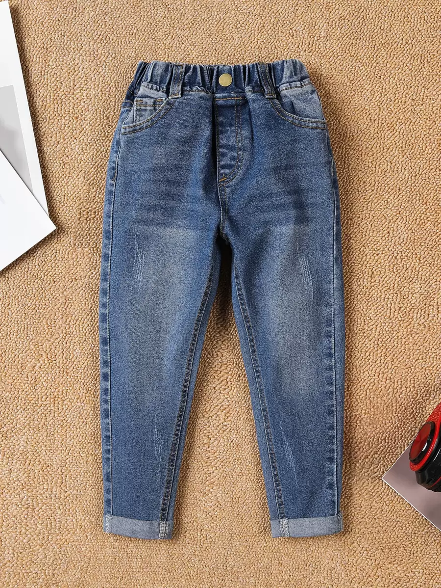 Jeans Cónicos Lavados Con Rasguños De Gato Para Niños Jóvenes