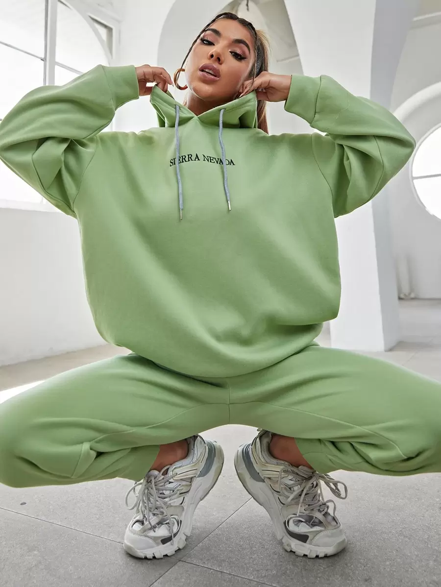 Flirla Letter Embroidery Drop Shoulder Hoodie & Sweatpants