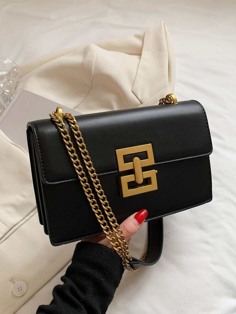 Bolso de hombro de cadena de metal minimalista, elegante bolso cruzado de PU, bolso de hombro con solapa, bolso de mano y cartera para mujer, bolso de negocios casual de moda, perfecto para la oficina, los negocios y el trabajo