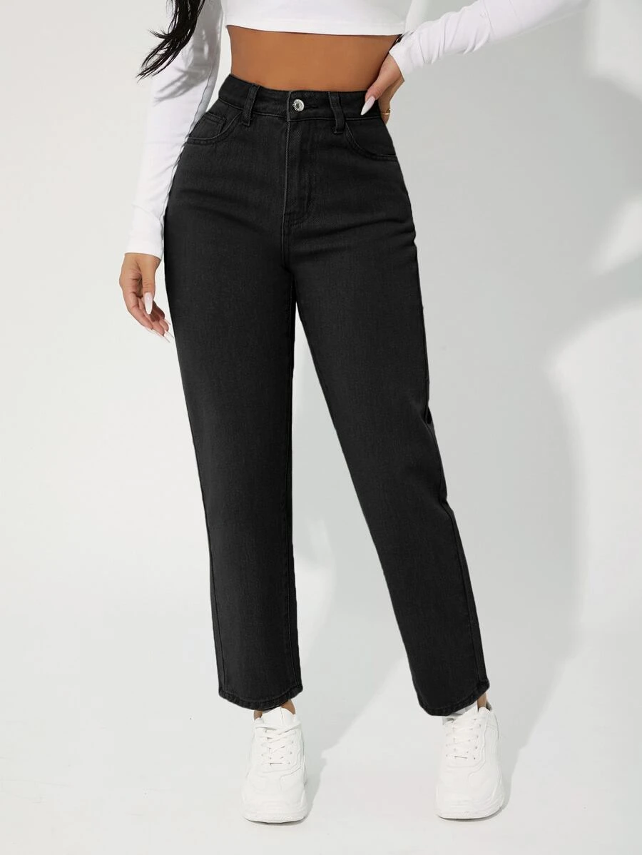 SHEIN ICON Women's Solid Color Simple Casual Denim Jeans