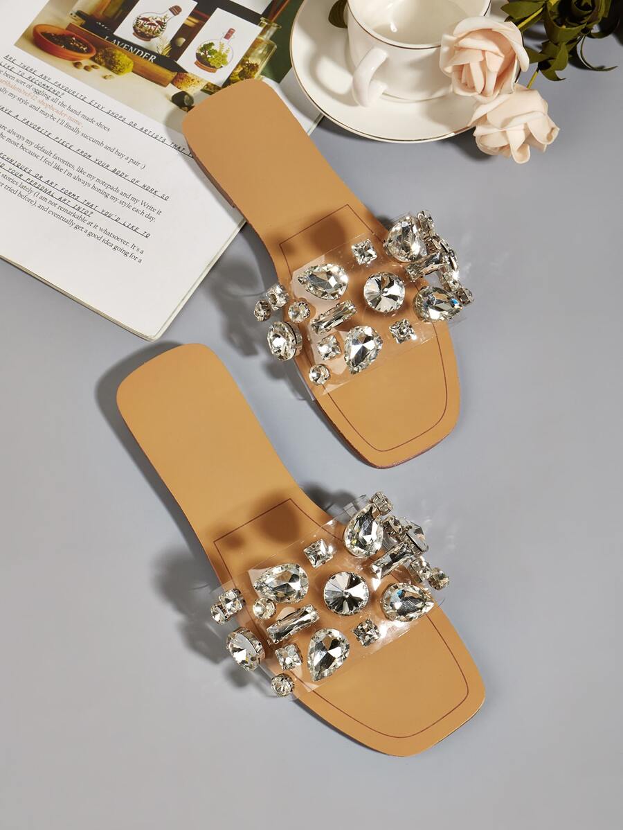 Women Gemstone Decor Slide Sandals, Glamorous Open Toe Flat Sandals