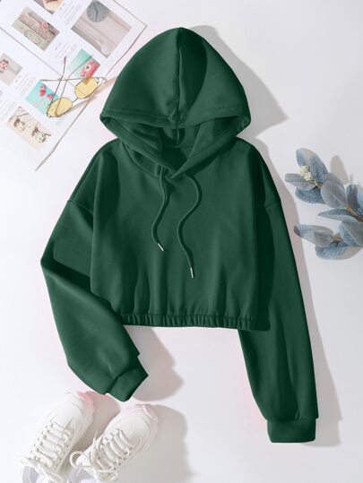 Solid Drawstring Thermal Crop Hoodie