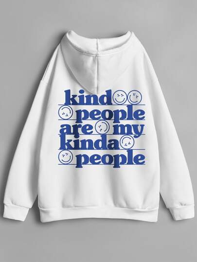 Slogan & Cartoon Face Print Drawstring Thermal Lined Hoodie