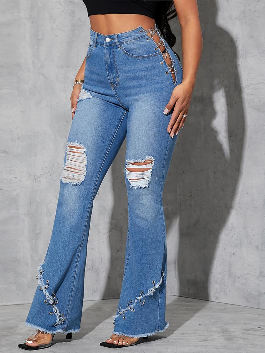SHEIN High Waist Ripped Criss Cross Chain Ring Raw Hem Flare Leg Jeans