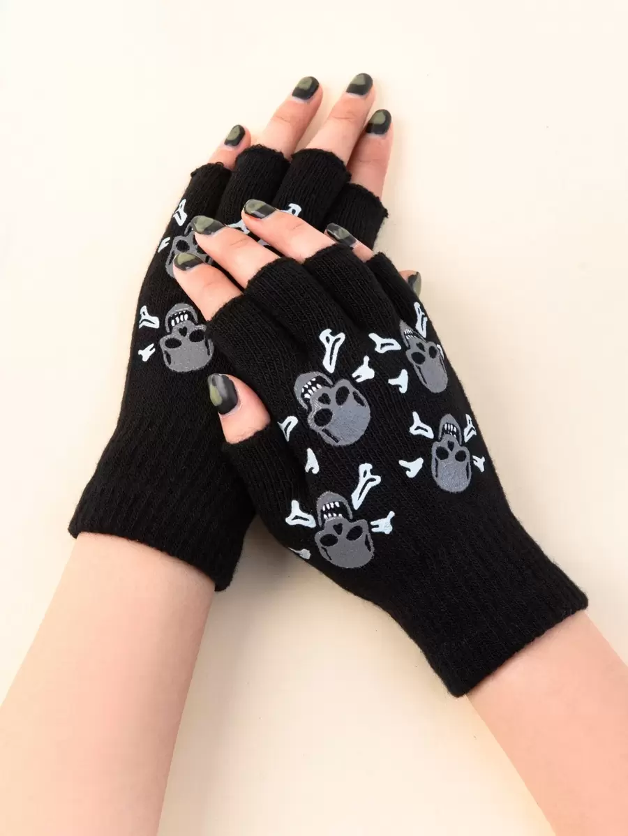 Guantes sin dedos con estampado de cráneo callejero