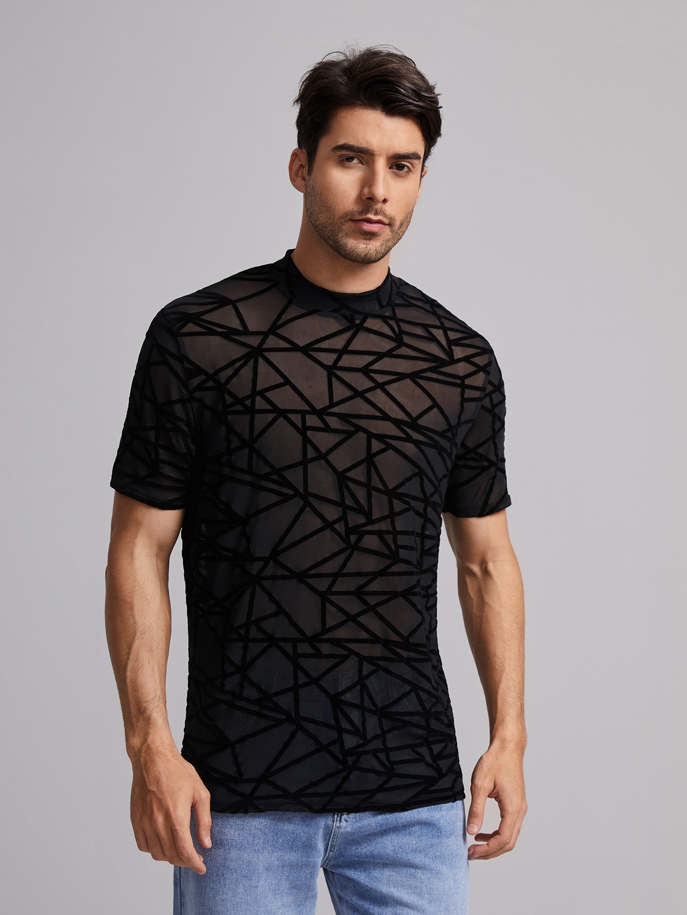 SHEIN Men Geo Print Sheer Mesh Top