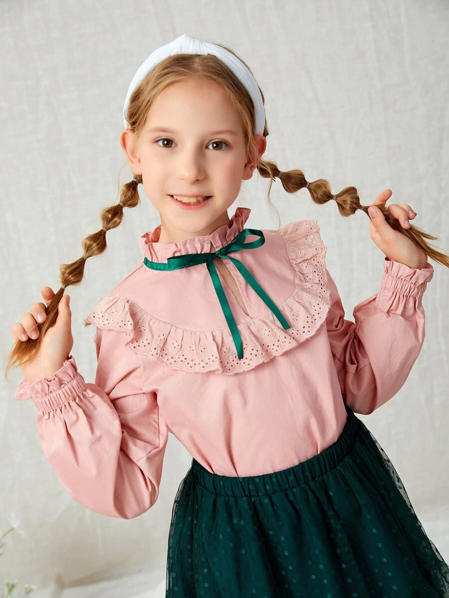 Anaïs Mérel Designer Tween Girls Babados Detalhe Ilhós Bordado Blusa