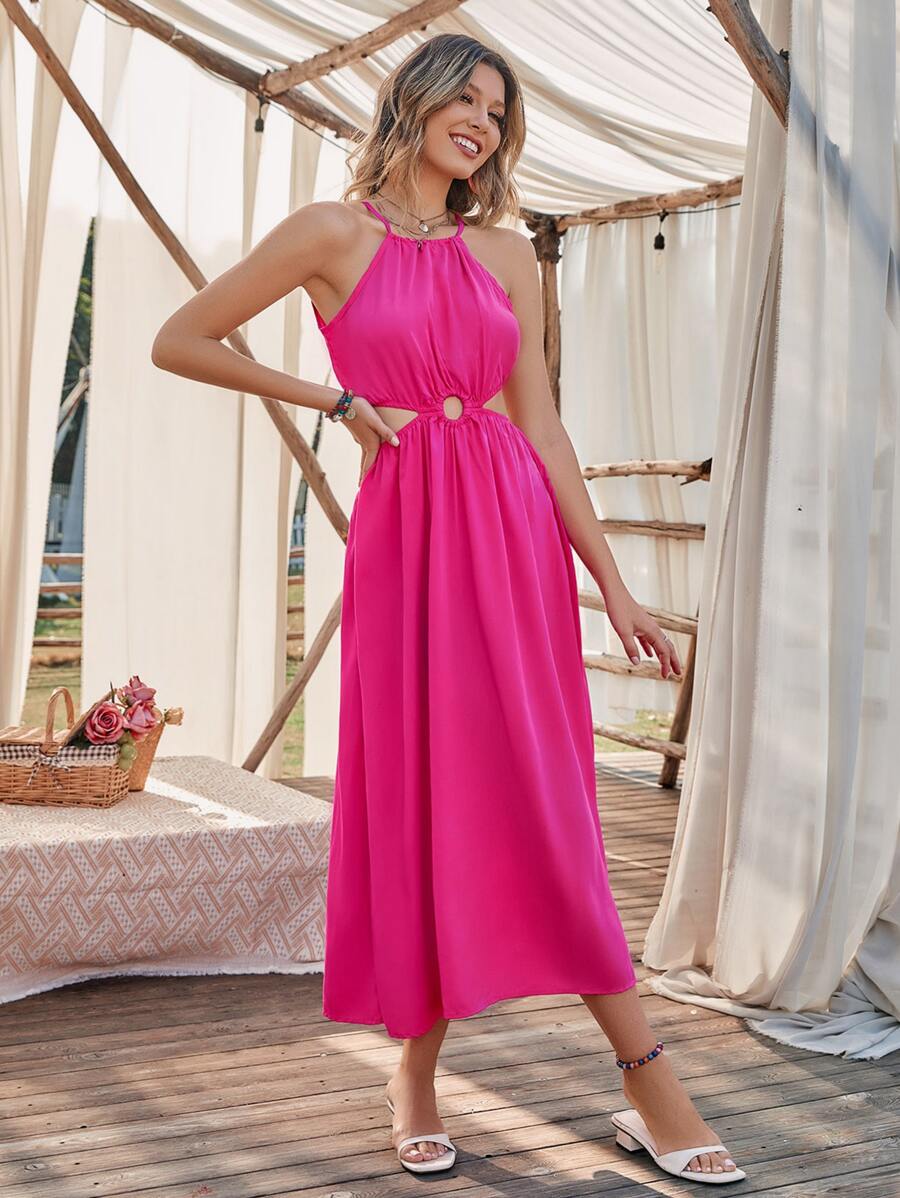 Breezaya Vestido halter con aro O delantero con cordón trasero