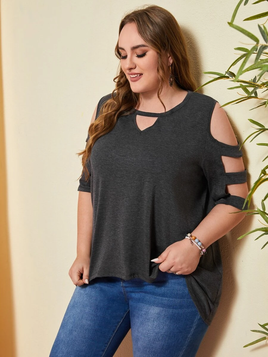 SHEIN Plus Keyhole Neck Cut Out High Low Hem Tee