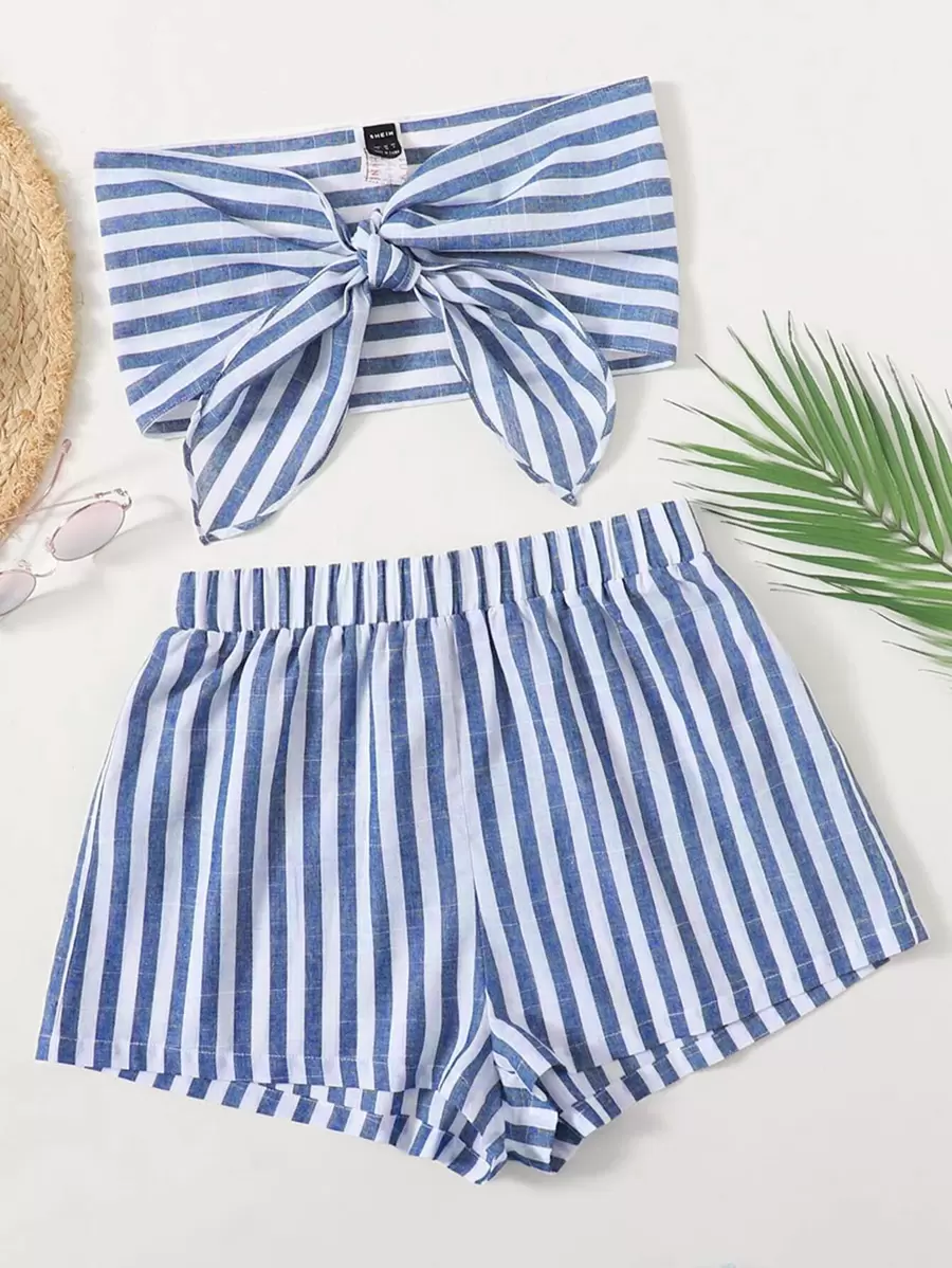 Soleia WYWH Vacation Two Pieces Striped Knot Front Crop Tube Blue&White Off Shoulder Top & Shorts Two Pieces