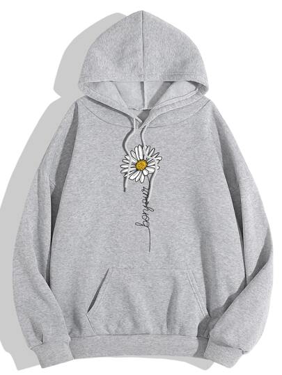 Floral Print Drawstring Drop Shoulder Pocket Detail Thermal Lined Hoodie