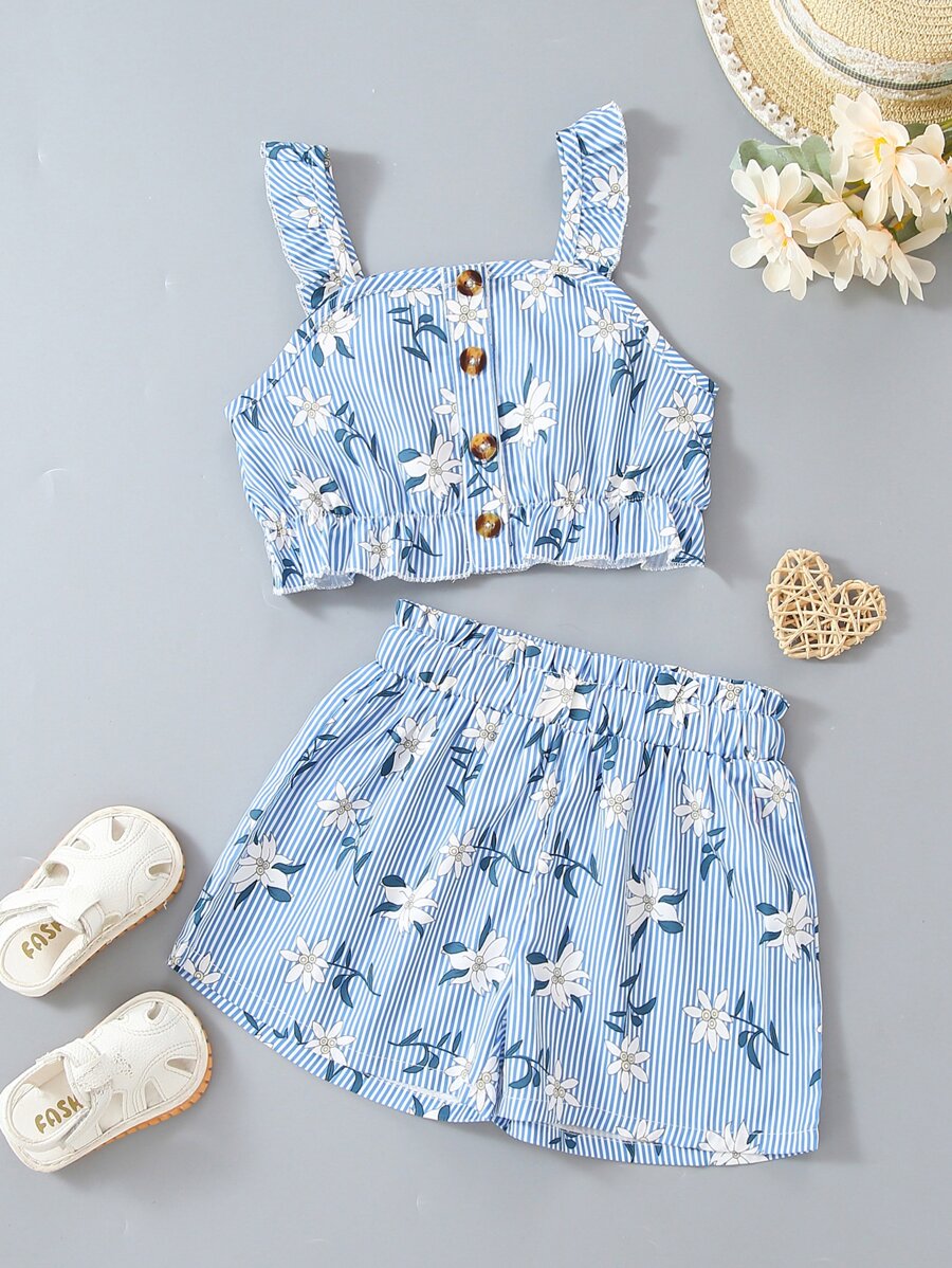 SHEIN Blusa Cami Peplum E Shorts Para Jovens Com Estampas Florais E Listras