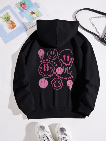 Expression & Letter Graphic Drawstring Thermal Hoodie