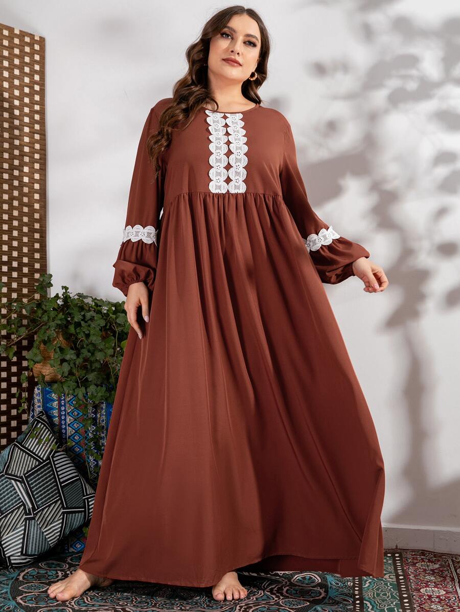 Al Najma Plus Size Guipure Lace Insert Lantern Sleeve Dress