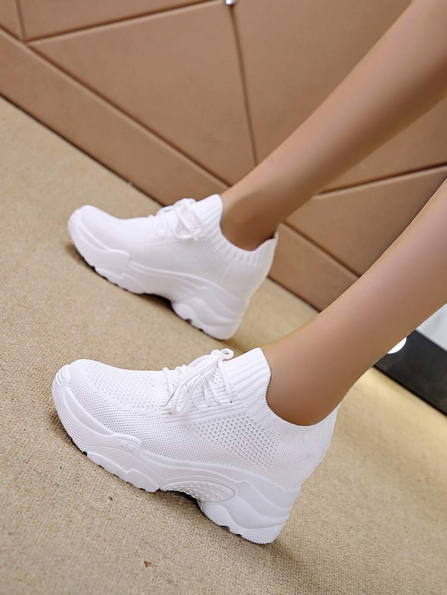 Women Lace-Up Front Knit Breathable Wedge Sneakers, Sporty Outdoor Sneakers