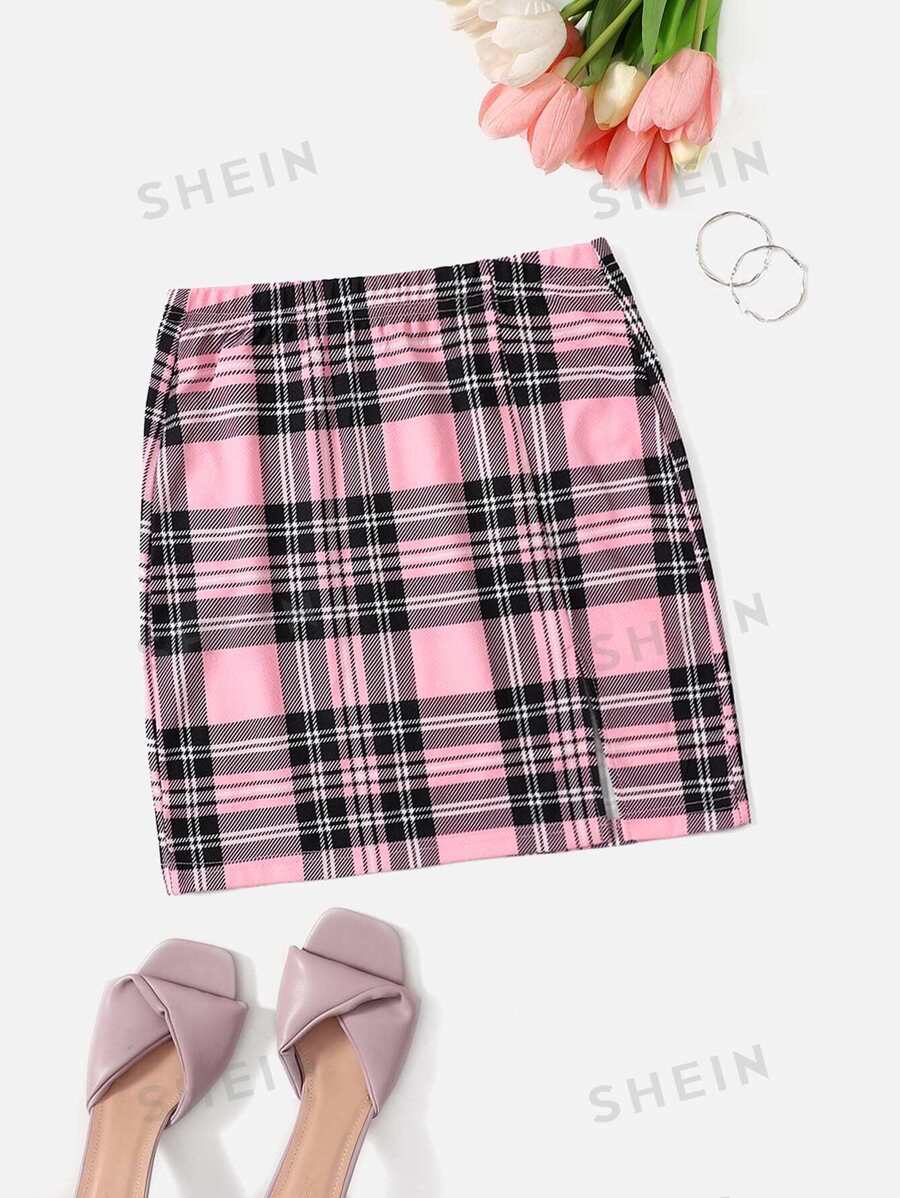 SHEIN EZwear Falda de cuadros con diseño de abertura