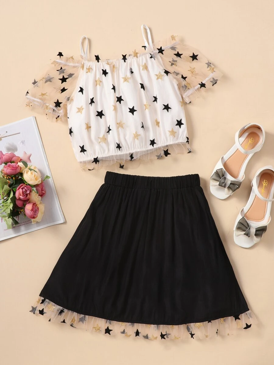 Malha Contraste Geométrico Fofo Outfit de Duas Peças para Menina