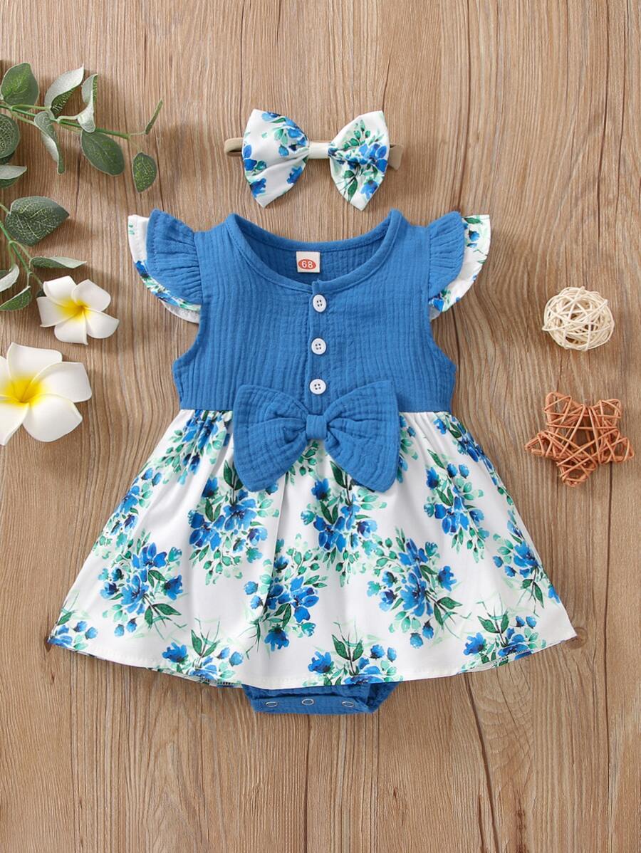 Schattig Bloemen Baby-jurk Knoop Rimpeling Strik Vooraan