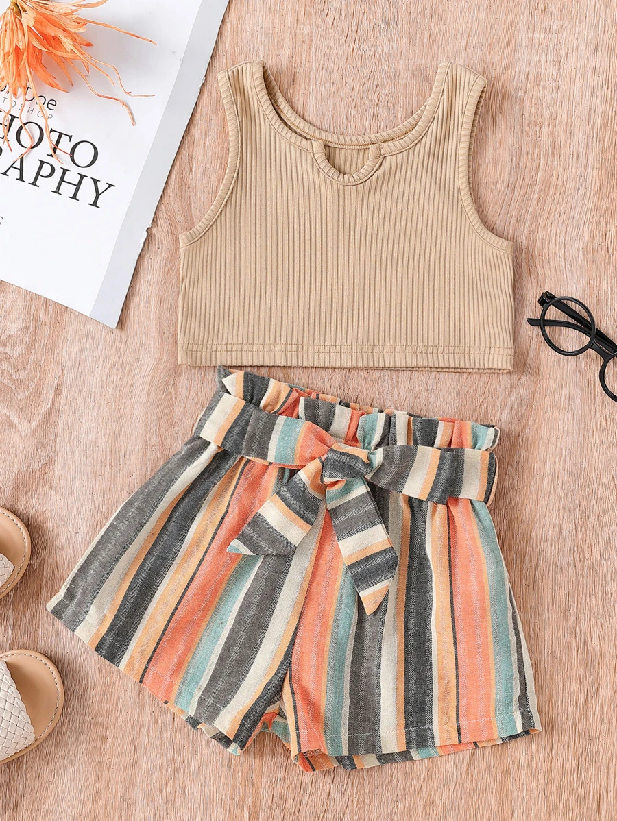 Fille Top sans manches & à rayures Short ceinturé