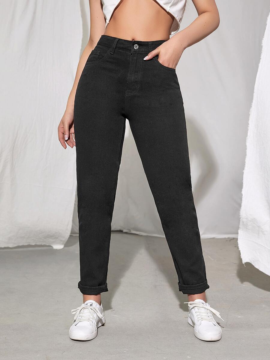 SHEIN EZwear Vlak Dames jeans Knoop Zak Rits