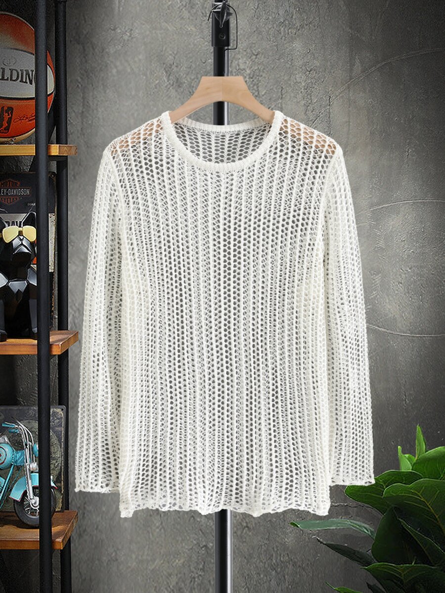 Manfinity Fever City Men Solid Open Knit Top Round Neck Long Sleeve Pullover Plain White Sweater For Boyfriend Gift